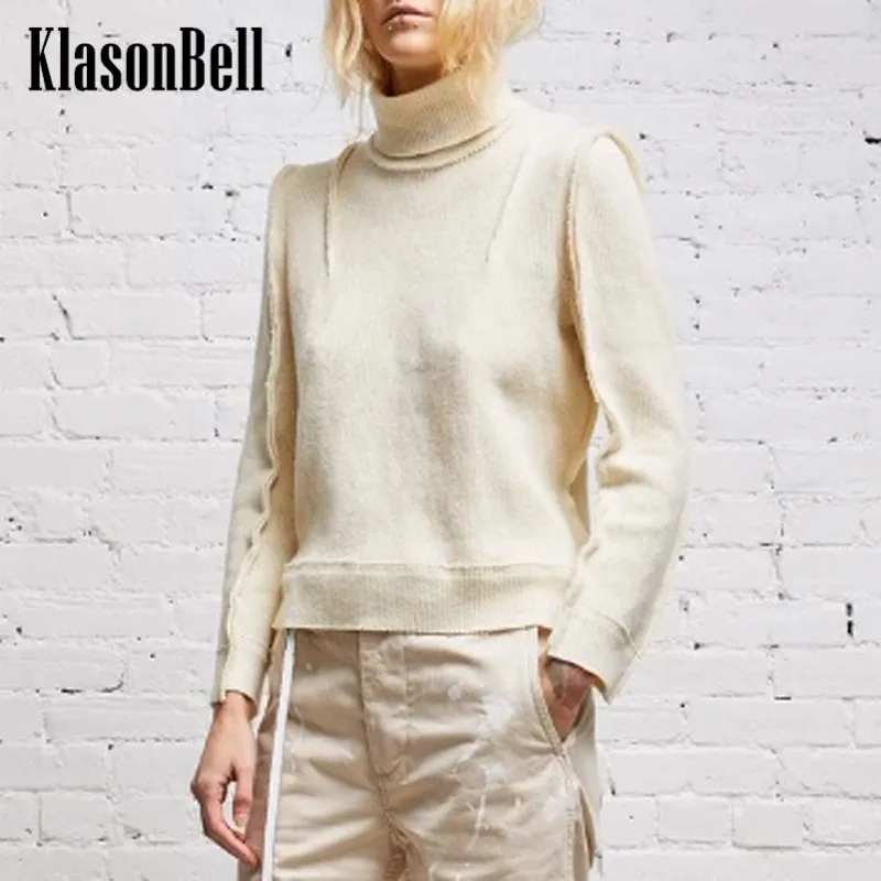 

10.17 KlasonBell Fashion Distressed Frayed Quilted Decoration Cotton Blend Knit Turtleneck Sweater Women