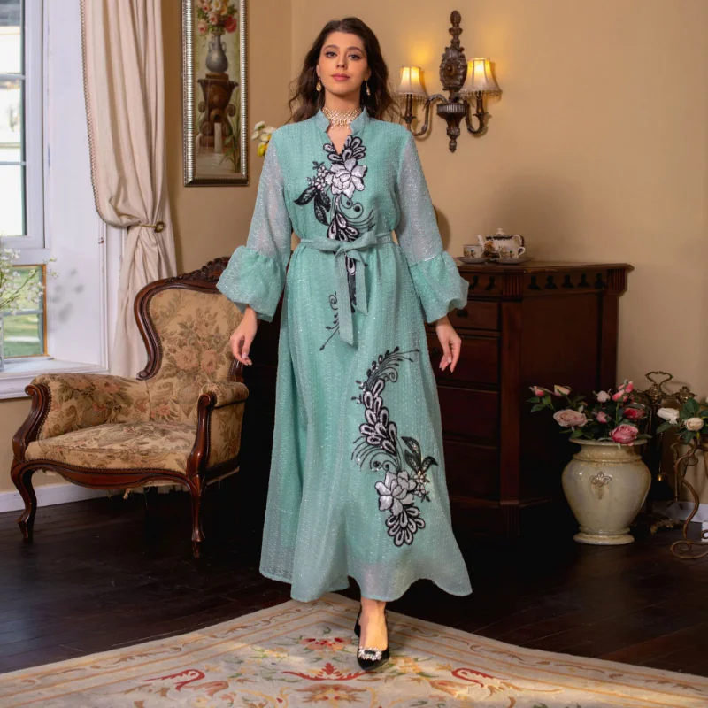2023 Islam Abaya Dress New V-neck Long Sleeve Abayas for Women Slim Dress for Dubai Women Satin Solid Robe Femme Islam Clothing