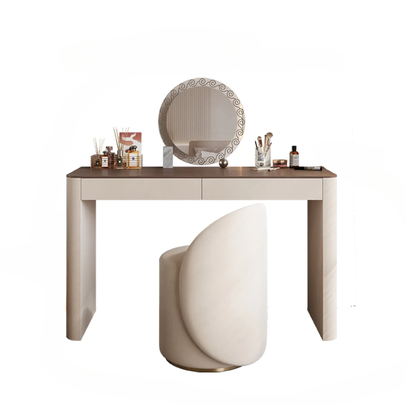 

Light Luxury Dresser French Retro Bedroom Stone Plate Saddle Leather Solid Wood High-End Makeup Table
