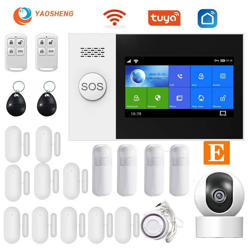 YS PG107 Tuya Security Alarm System Kit Smartlife App Control With Ip Camera Auto Dial Motion Detector WIFI Gsm Home Smart Alarm ring keypad red light Alarms & Sensors