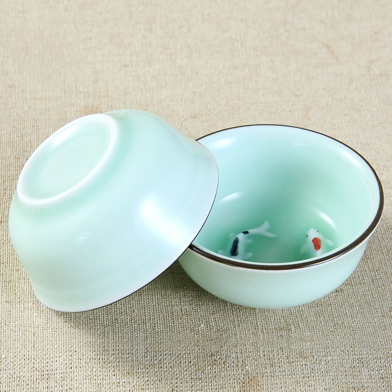 Blue/Green Celadon Chinese Kung Fu Tea Set Pu'er 3D Fishes Teacup Hand-painted Ceramic Relief Double Carp Master Tea Cup 60ml