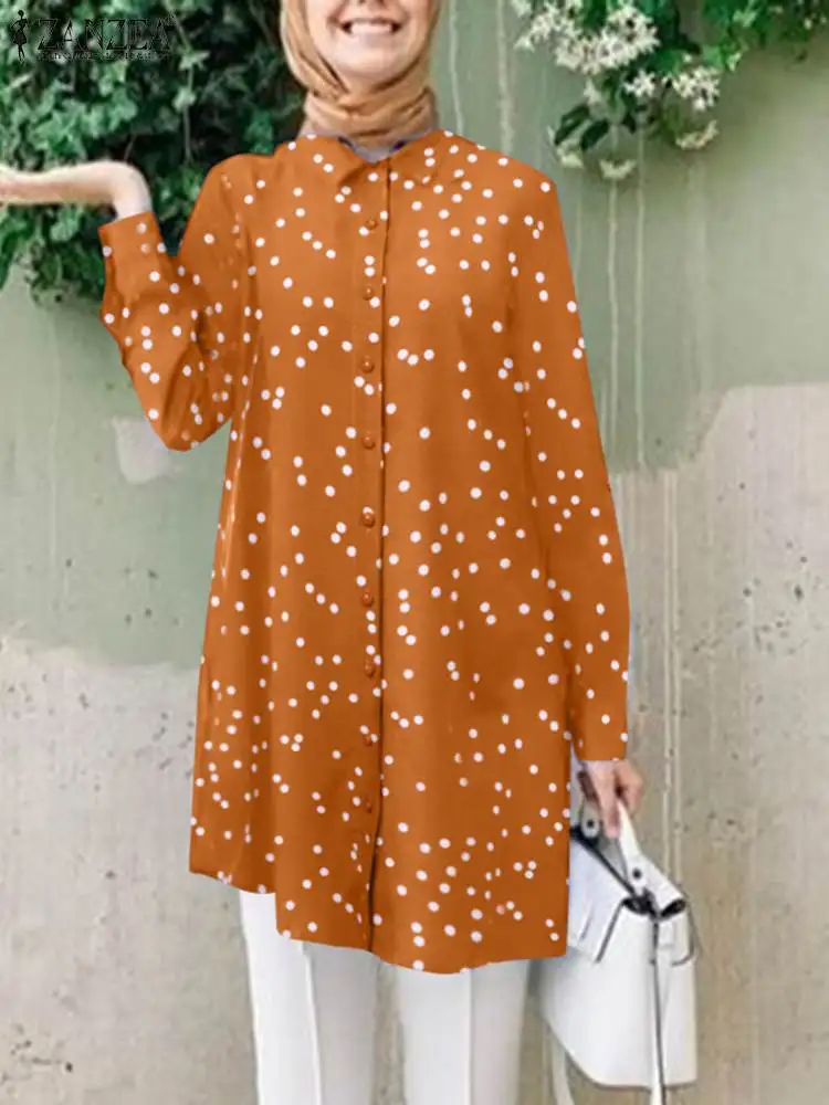 

ZANZEA Fashion Polka Dots Printed Muslim Tops Woman Vintage Tops Holiday Chemise Women Casual Turkey Shirt Islamic Clothing
