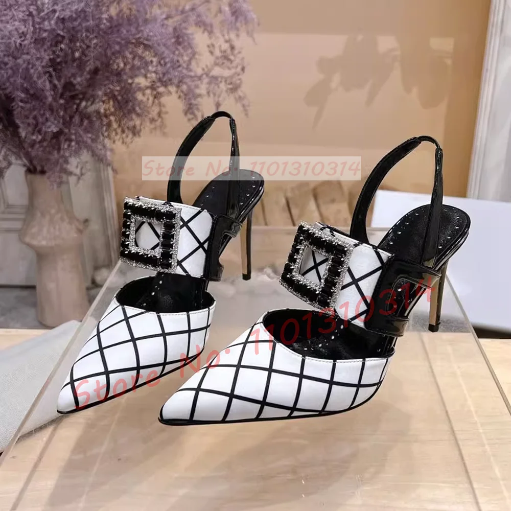 Women Slingback Sandals Black-white Plaid Luxury Pointy Stiletto High Heels Satin Shoes Summer Buckle Evening Sandals