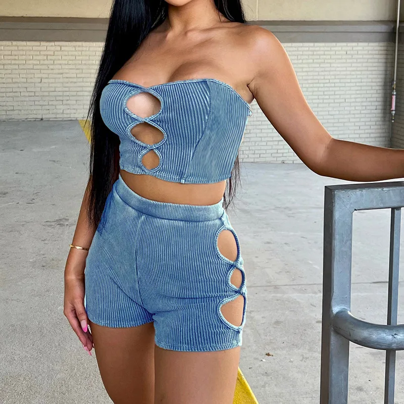 

Spring and Summer Women's Bustier Tops High-waisted Tight Shorts Suit Casual Sports Fashion Sexy Hollow