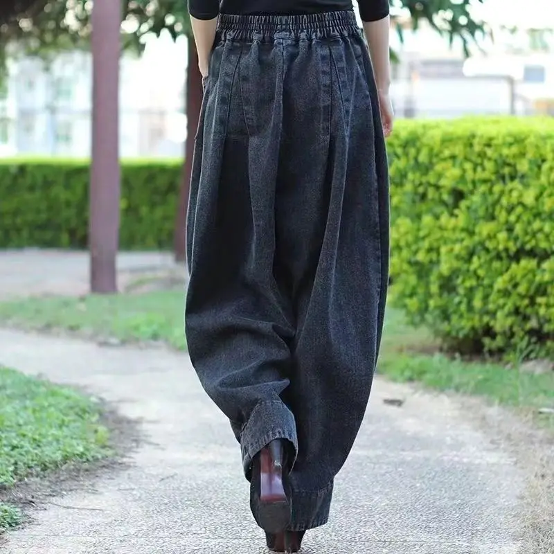 Vintage Oversize Elastic Waist Wide Leg Pants Women Jeans High Waisted Harlem Pants Big Size Casual Spring Autumn Trouser Loose