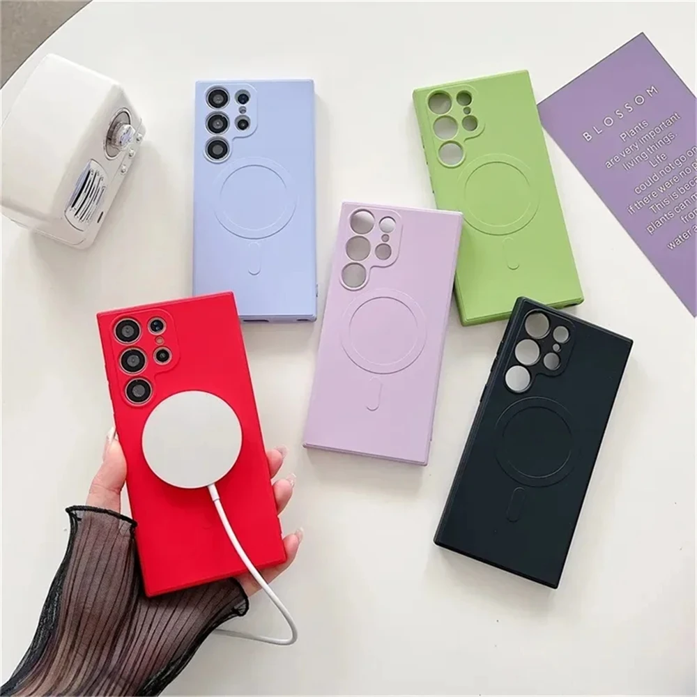 

Original Magnetic Liquid Silicone Magsafe Wireless Charge Case for Samsung S23 S22 S21 Ultra Plus - Lens Protective Cover Includ