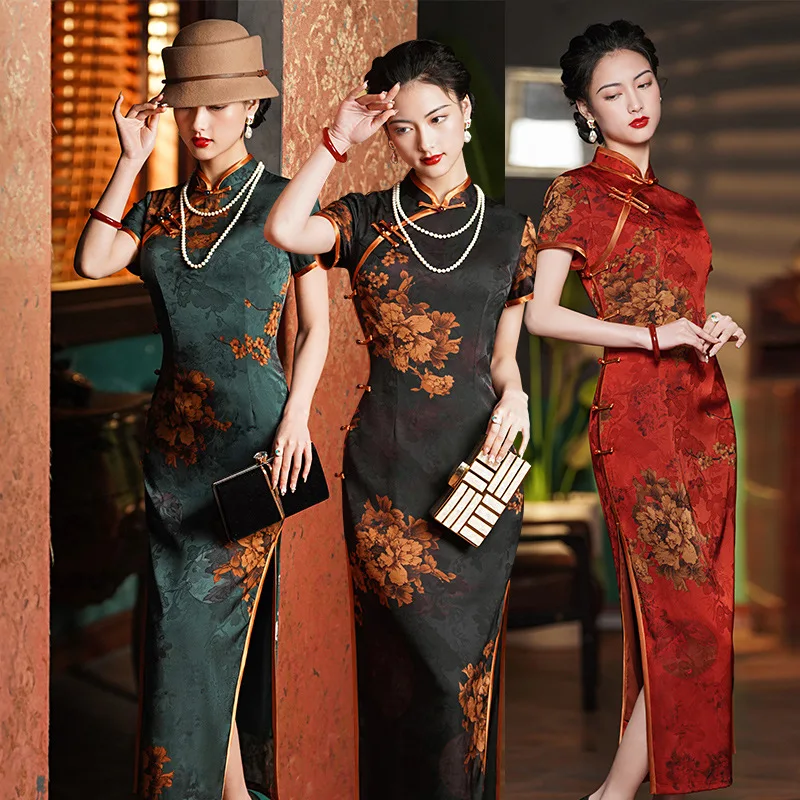 Chinese Style Spring Flower Radish Cheongsam Long Dress Daily Improved Catwalk Dress Qipao Robe Evening Party Dress for Women