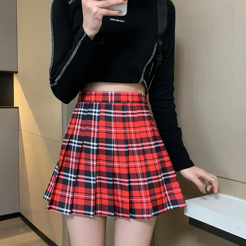 short skirt FESTY KARY 2022 Summer Women Skirts Preppy Korean Style Plaid Pleated Skirt for Girls High Waist Cute Kawaii Mini Skirts Women black leather skirt