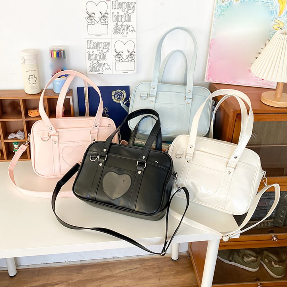 Women Girls Cosplay Satchels Large Capacity PU Anime Crossbody Bag Transparent Love Heart Japanese School Bag Chic Commuting Bag