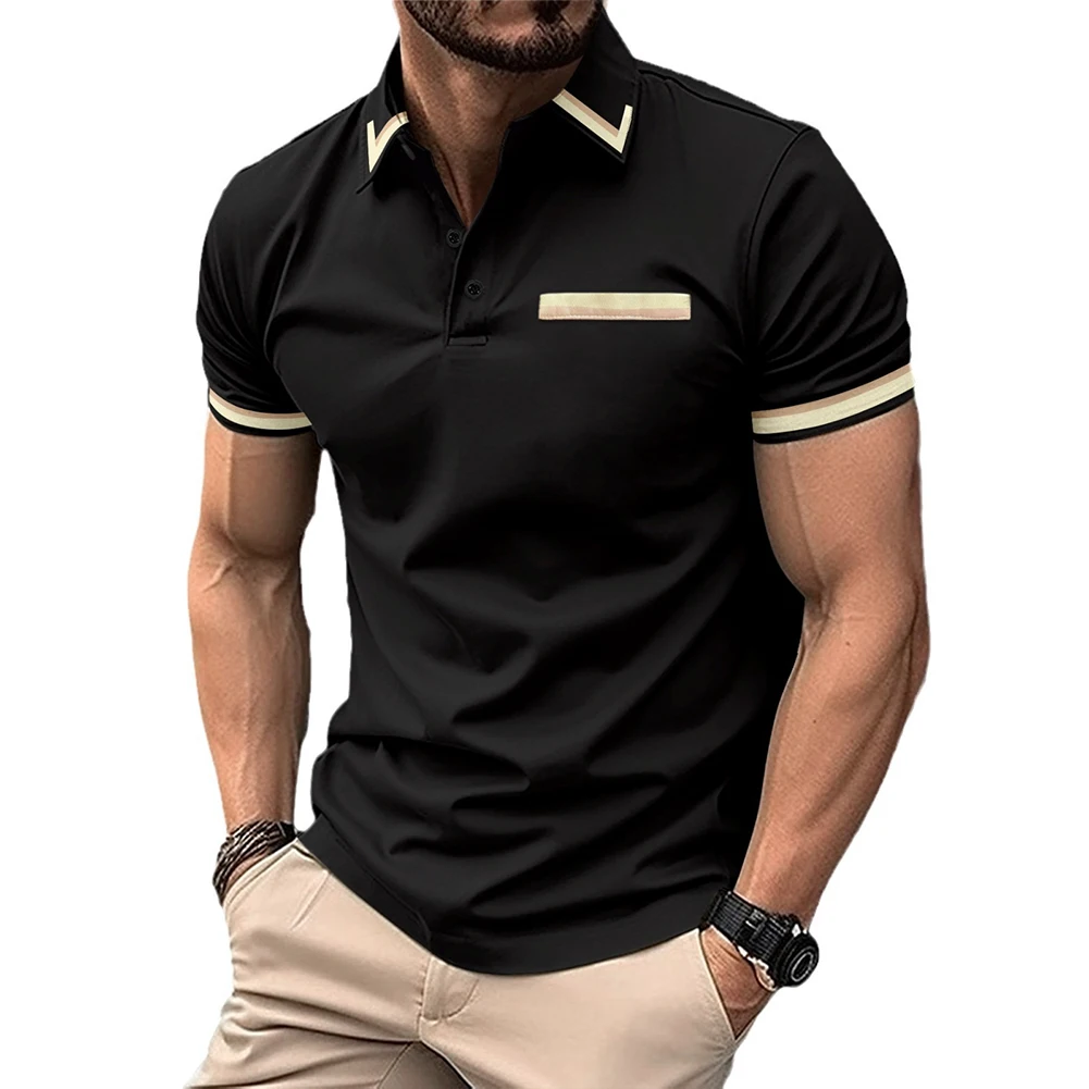 

Men T Shirt Tee Top Black Button Casual Colorblock Comfortable For Summer Lapel Pocket Regular Short Sleeve Comfy