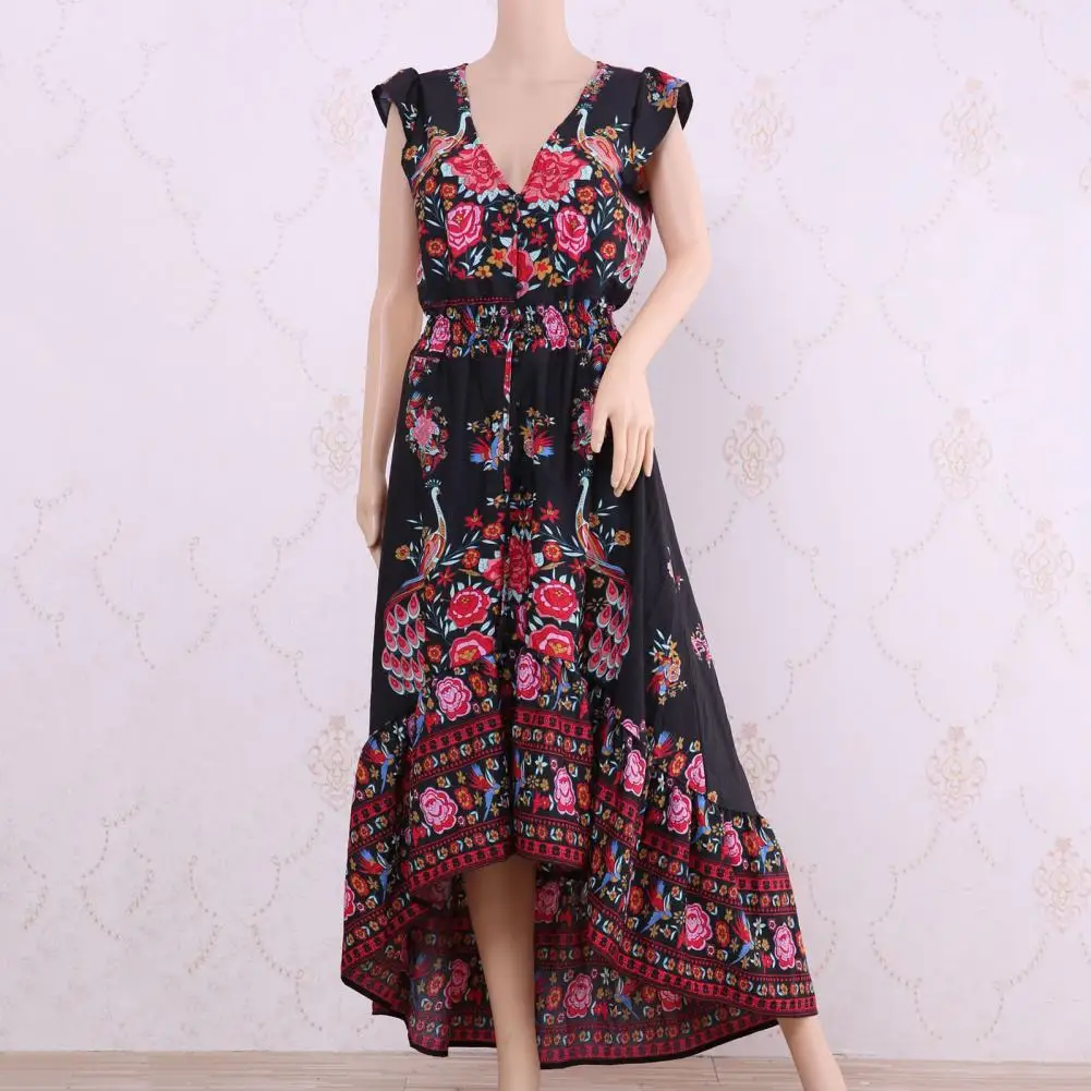 

Charming Long Dress Thin Holiday Dress Waist Tight Vintage Flower Peacock Pattern Boho Long Dress Slim Fit