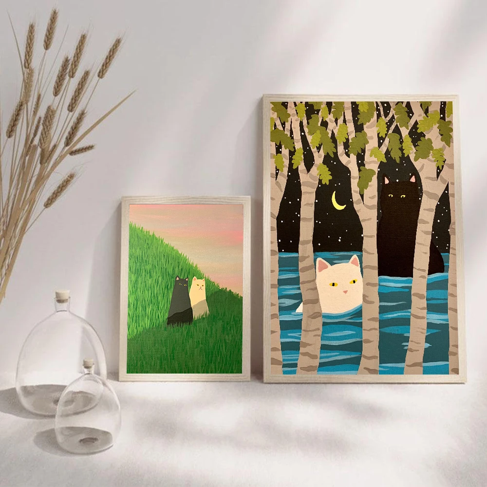 

Abstract Boho Landscape Cats Print Wall Art Nursery Decor Minimalist Neutral Cat Canvas Painting Modern Room Decor Poster