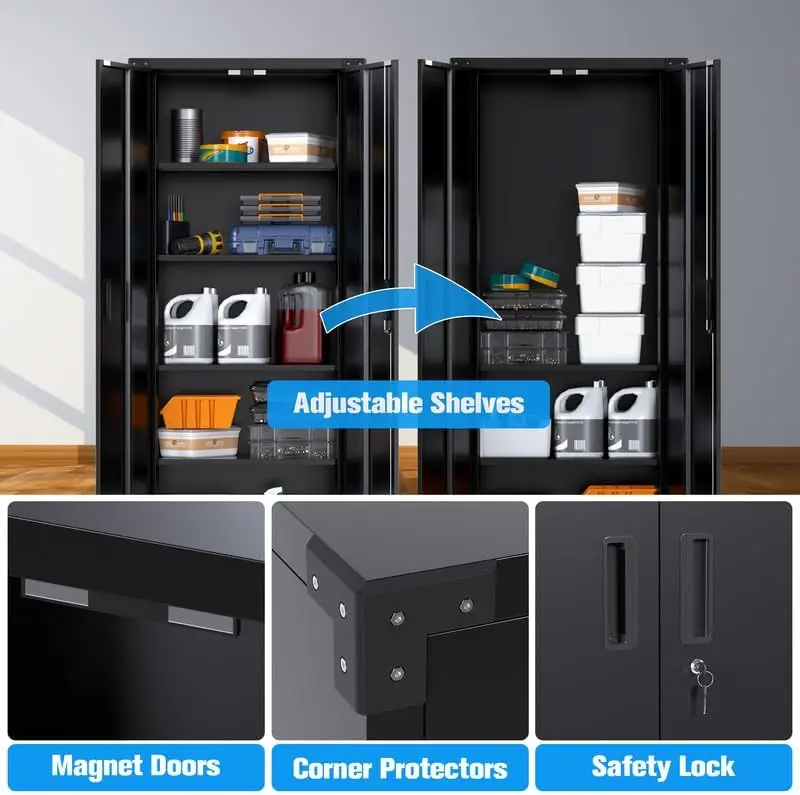 Tool cabinet Garage Storage Cabinet with Wheels 72" H Metal Storage Cabinet with 2 Doors and 4 Adjustable Shelves Black 5