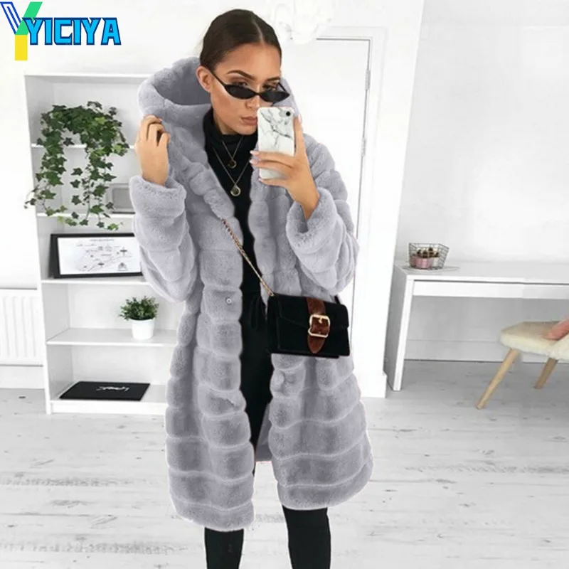 

YICIYA S~5XL hooded Luxury Faux Fur Coat Women Warm Animal Furry Female jacket Overcoat Winter New Street Outwear tops fashion