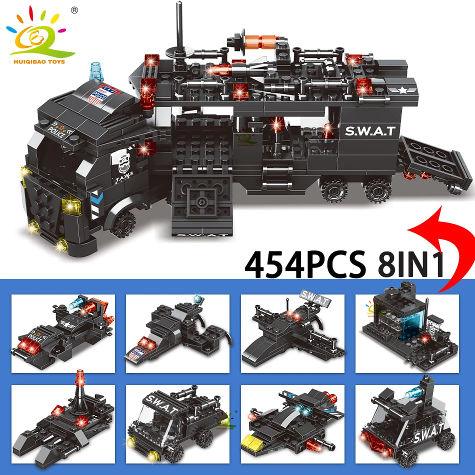 HUIQIBAO 454-585PCS 8in1 SWAT Police Command Truck Building Blocks City Helicopter Bricks Kit Educational Toys for Children 5