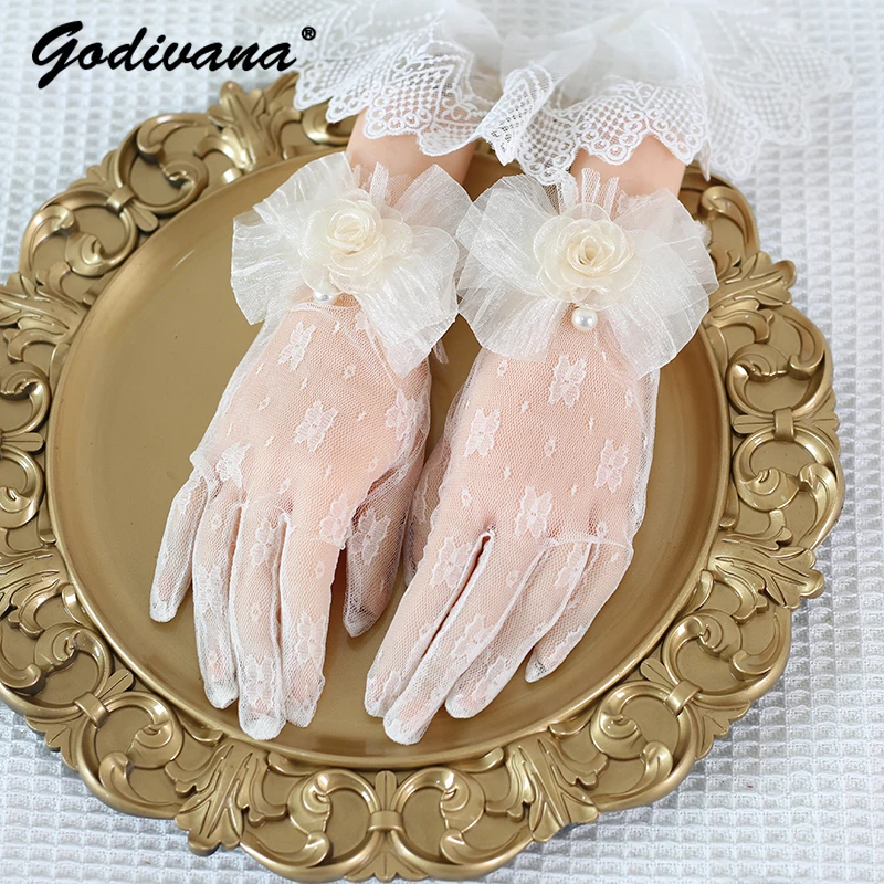 

Black Champagne Lace Bow Lolita Gloves Women's Elegant Retro Sun Protection Lace Flower See Through Gloves