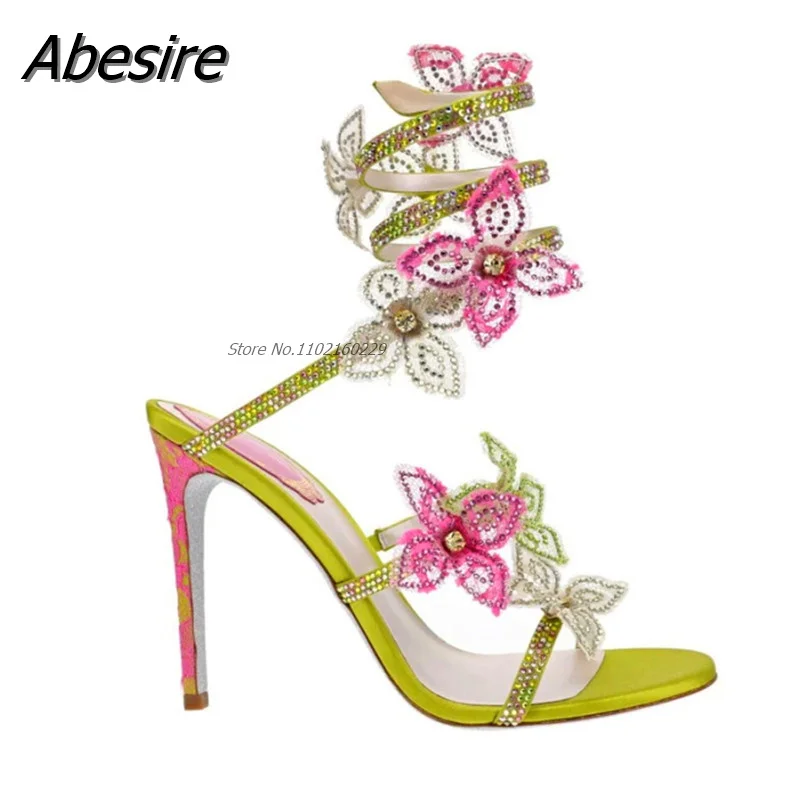 

Summer Stiletto Rhinestone Twine High-Heeled Slippers Round Toe Stiletto Embroidered Flower Sandals Fashion Go Out Slippers