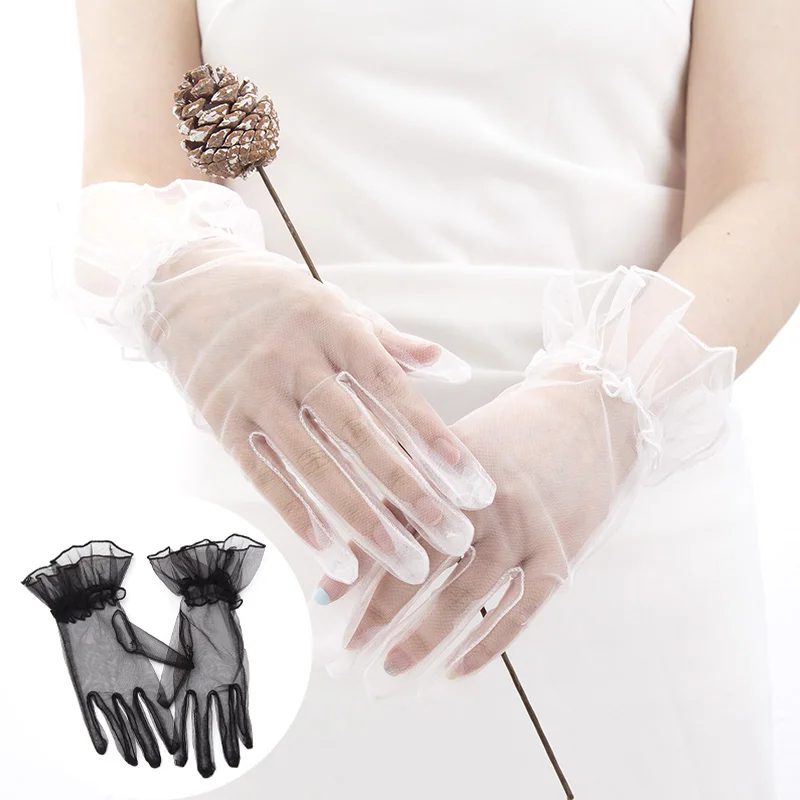 Women Fashion Short Sheer Tulle Gloves Ultra Thin Full Finger Mittens Mesh Wrist Wedding Bride Gloves Halloween Accessory women s sexy organza dot print gloves transparentes black white mesh tulle gloves female full finger bridal wedding mittens