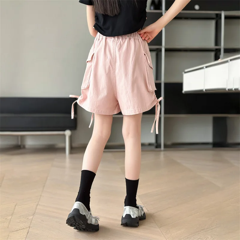 New Casual Kids Side Drawstring Shorts with Pocket for Tween Girls Summer Bottoms Clothes Fashion Child Cargo Shorts with Pocket