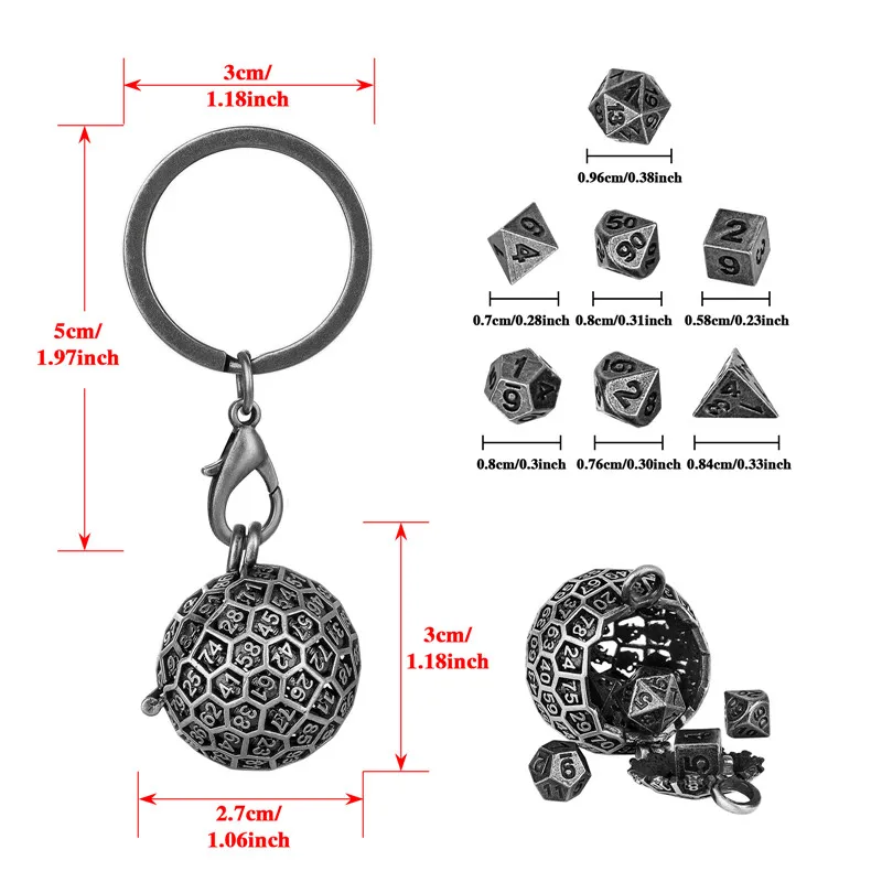 7pcs Tiny Metal Polyhedral Dice Set with Pendant Necklace Chain Key Ring Round D100 Storage Case Table Board Game Accessory