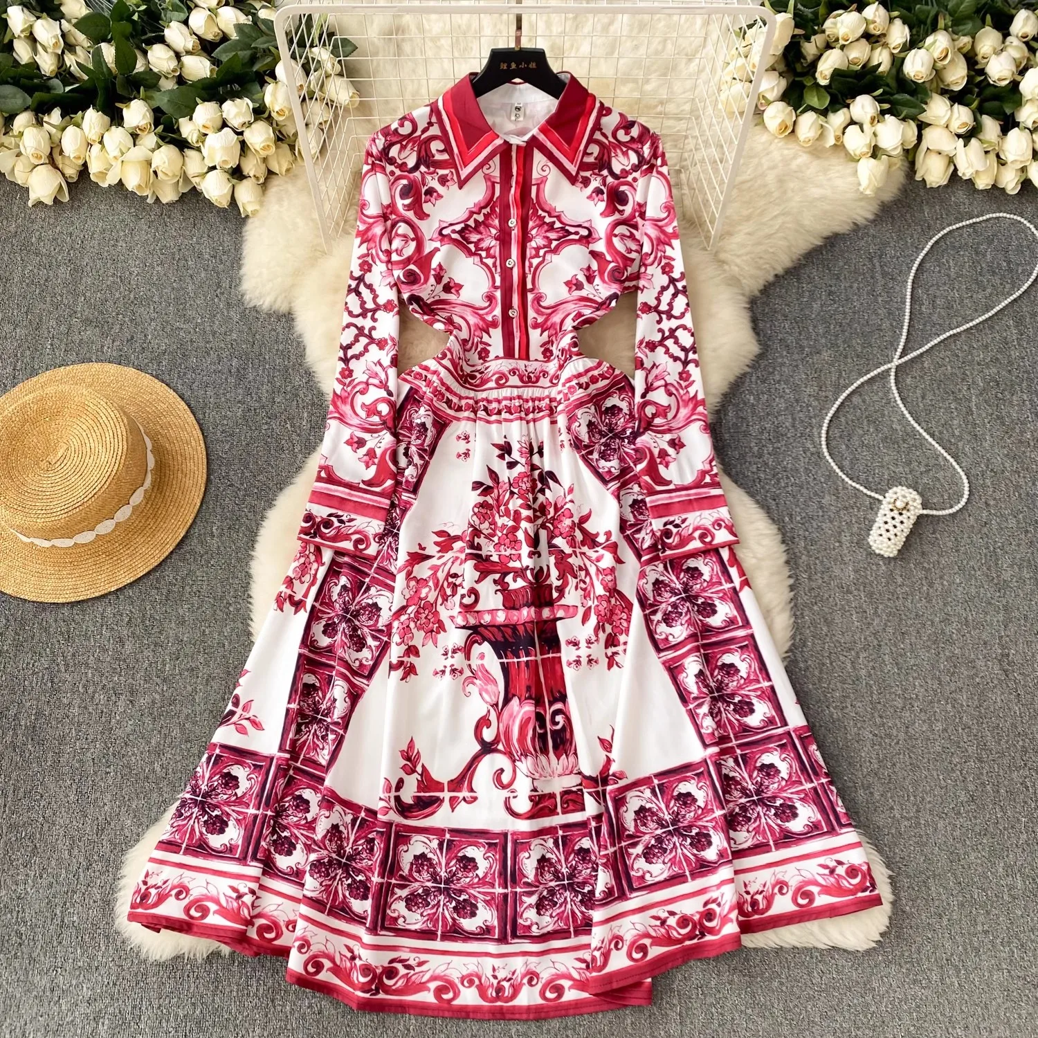 

Summer Fashion Runway Midi Shirt Dress Women's Turn Down Neck Red Blue and White Porcelain Printing Vacation Midi Dresses 8491