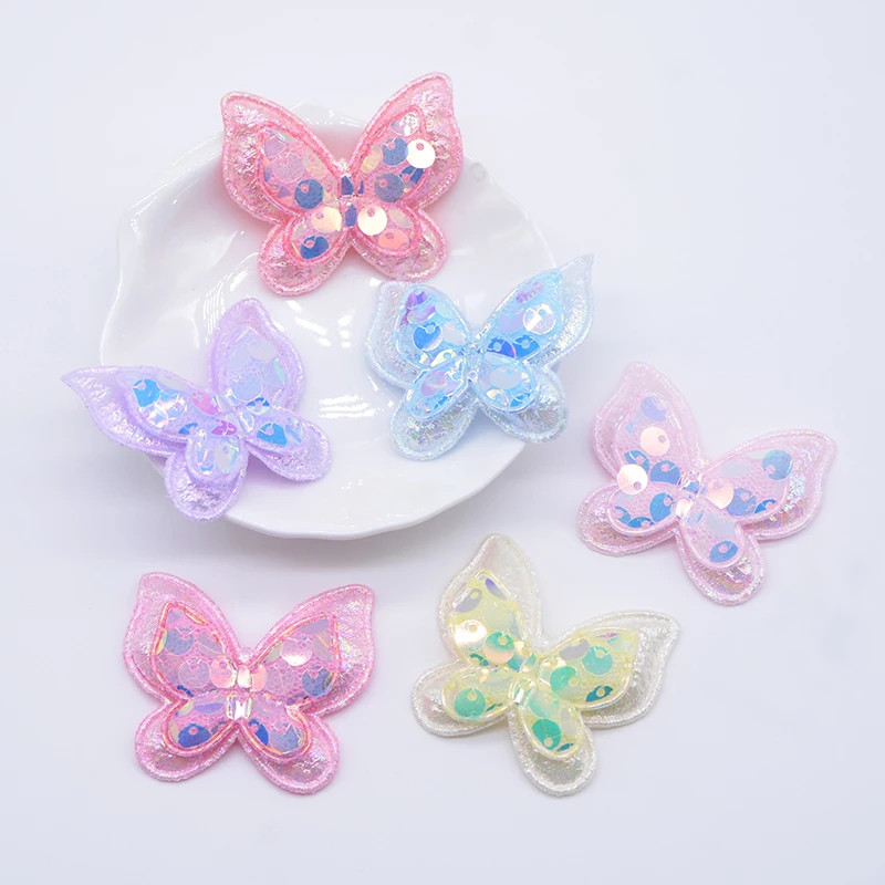 12Pcs 40*35mm Glitter Sequins Butterfly Padded Appliques for DIY Headwear Hair Clips Bow Decor Clothes Hat Shoes Sewing Patches