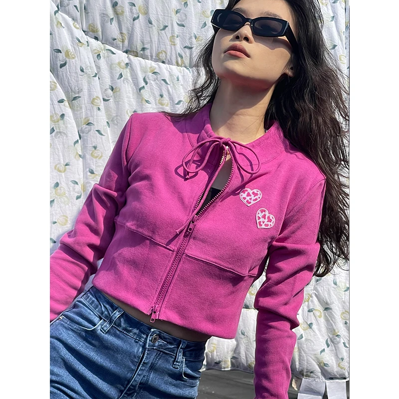 American Street Heart Embroidery Slimming Navel Zipper SweaterSlim fit women clothing