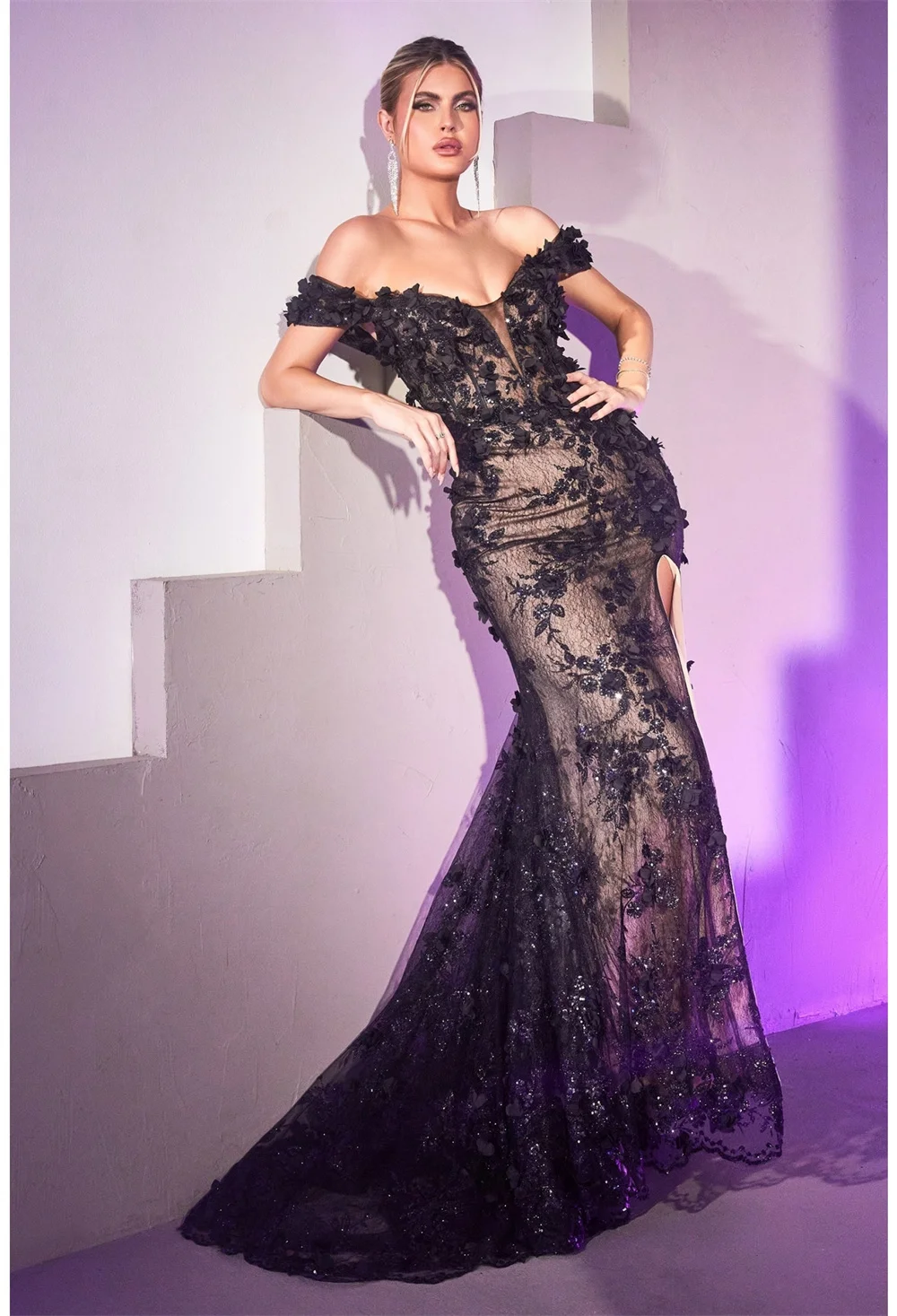 Amanda Luxury 3D Sequins Embroid Vestido De Novia Sexy Black Prom Gown Trumpet Prom Dress Off Shoulder Fishtail فستان سهرة