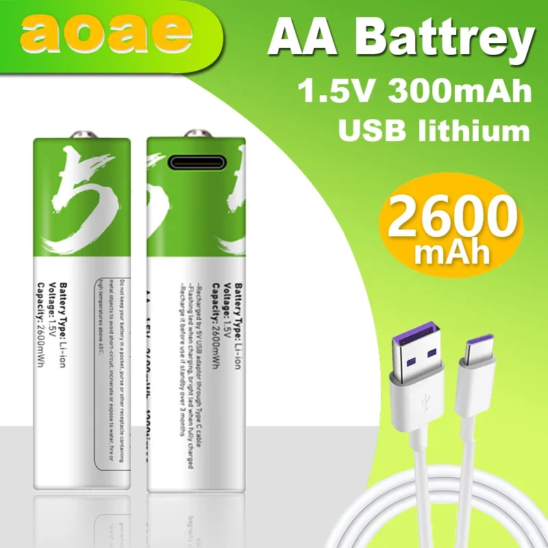 

AOAE new 1.5V 2600mAh Rechargeable Battery AA Lithium Batteries 1200 Times Cycle Type C AA Battery with USB Cable+free shipping