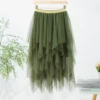 Women Green Midi Skirts Solid Color Elastic High Waist Irregular Ruffles Multi-Layered Tulle Tutu Skirts Female High Streetwear 1