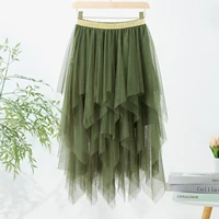 Women Green Midi Skirts Solid Color Elastic High Waist Irregular Ruffles Multi-Layered Tulle Tutu Skirts Female High Streetwear 1