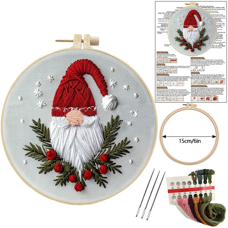 Christmas Embroidery Kit Gnome Santa Cross Stitch Kit with Instructions Floss Neddles Kit for Christmas Decor