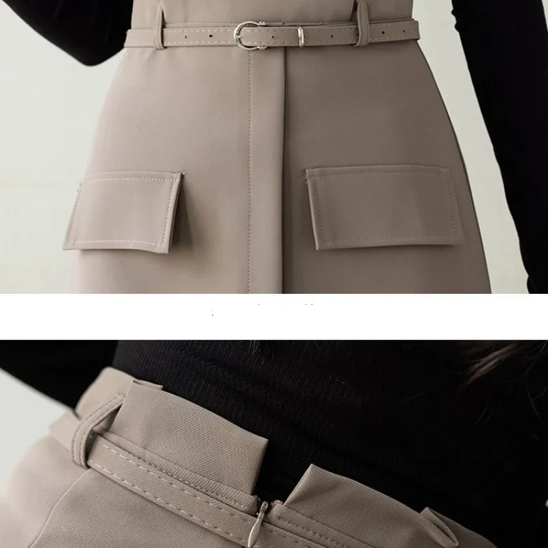 Women's Solid Color Pockets High Waist Sashes Patchwork Office Lady All-match Fashionable Elegant Straight Bag Hip Ankle Skirts