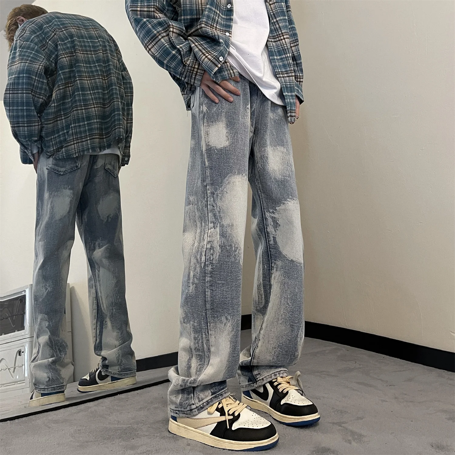 Spring New Korean New Retro Jeans Men Light Blue Tie-dye Gradient All-match Loose Casual Wash Straight Hip Hop Wide-leg Pants
