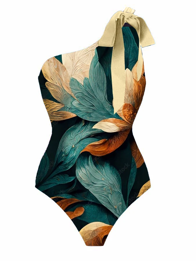 

One-Shoulder Tie Vintage Print One-Piece Swimsuit