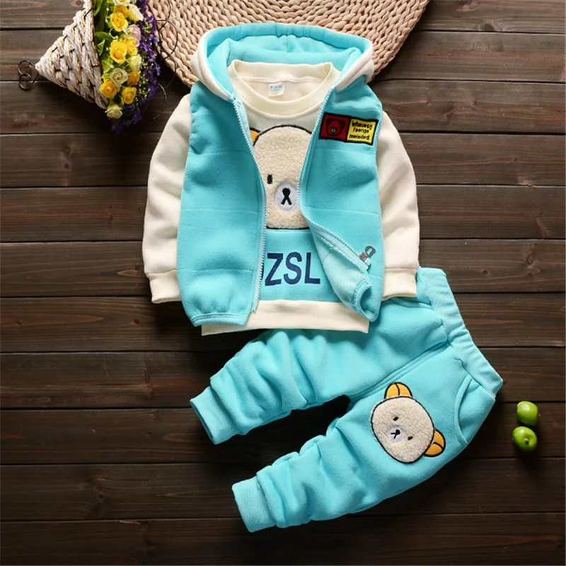 Kids Clothes Set Baby Boy Autumn Cotton Thick Warm Casual Hooded Sweater Winter Cartoon Cute Bear Three-Piece 0-5Y