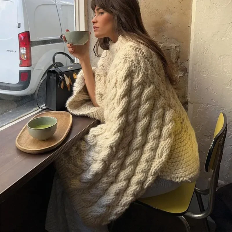 Knit Oversize High Neck Jumper Sweater Women Lazy Round Neck Ribbed Pullover Female Autumn Winter Thick Warm Lady Knitwear