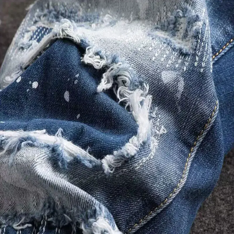 High Street Fashion Men Jeans Retro Blue Stretch Skinny Fit Patched Ripped Jeans Men Painted Designer Hip Hop Brand Pants Hombre
