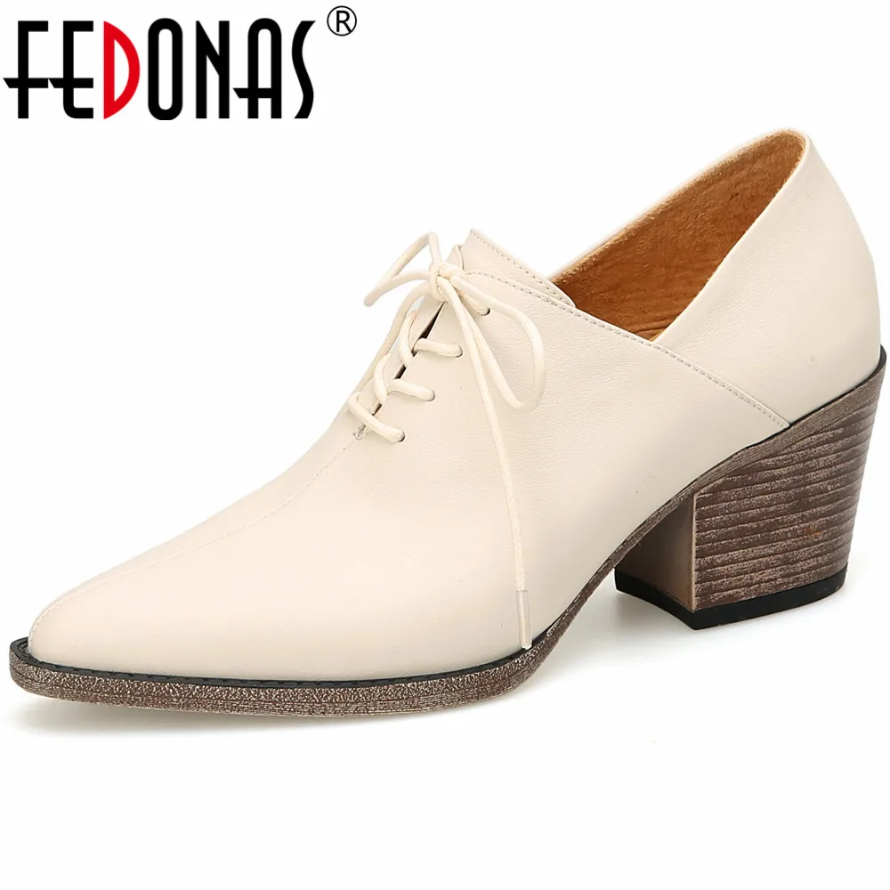 

FEDONAS Thick High Heels Women Pumps Spring Summer Pointed Toe Mature Lace-Up Genuine Leather Office Lady Working Shoes Woman