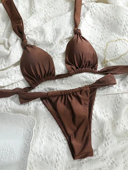 Tiedown Bikini for Women Triangle Swimwear Bathing Suit Brazilian 2-Piece Folds Bikinis Set solid Push Up Swimsuit New 2024 1