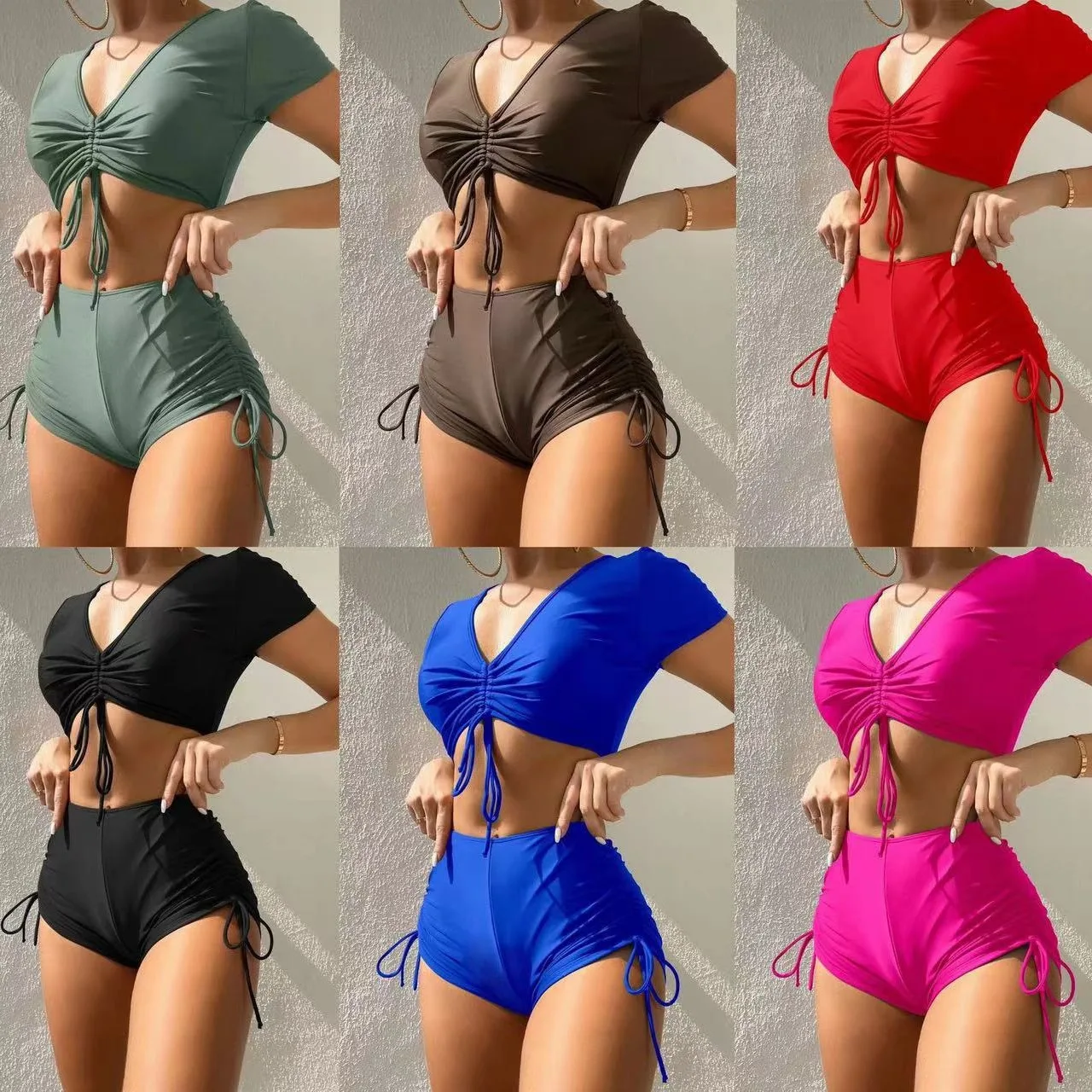 

Black Drawstring Swimwear Bikinis Set Mujer 2024 Crop Top Shorts Bottom Swimsuit Women Sexy Bathing Suit Beachwear Bikini Swim