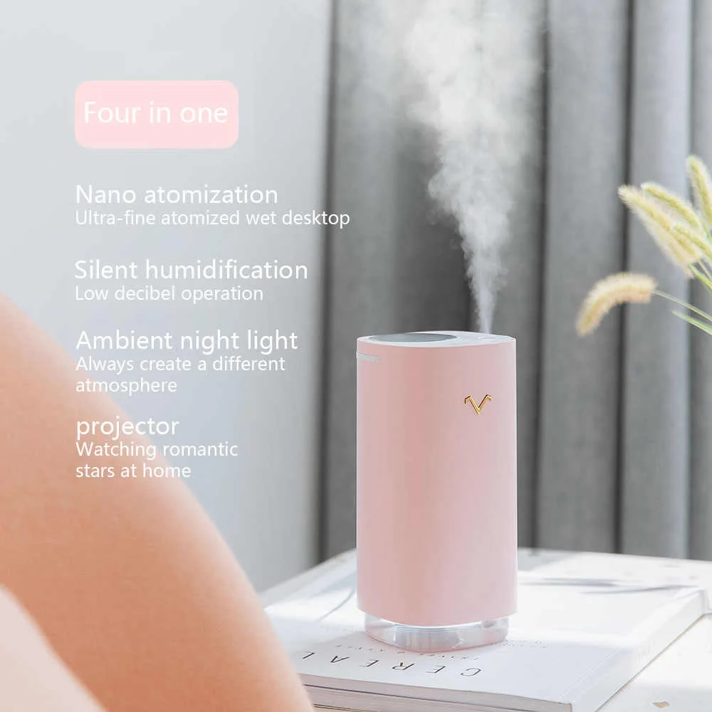 320ML USB 자동차 가습기 에센셜 오일 디퓨저 나노 스프레이 기술 깨끗한 공기 스킨 케어를위한 LED 라이트 프로젝터