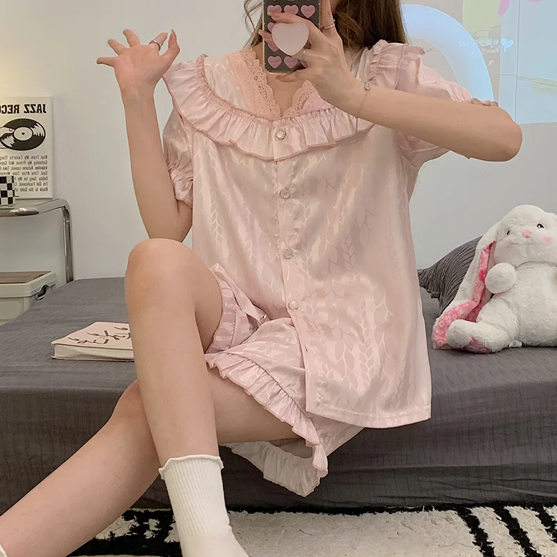 

Fairy Ice Silk Pajamas Princess Sleepwear Nightwear Women Satin Solid Color Loungewear Lace V Neck Tops Shorts Two Piece Sets
