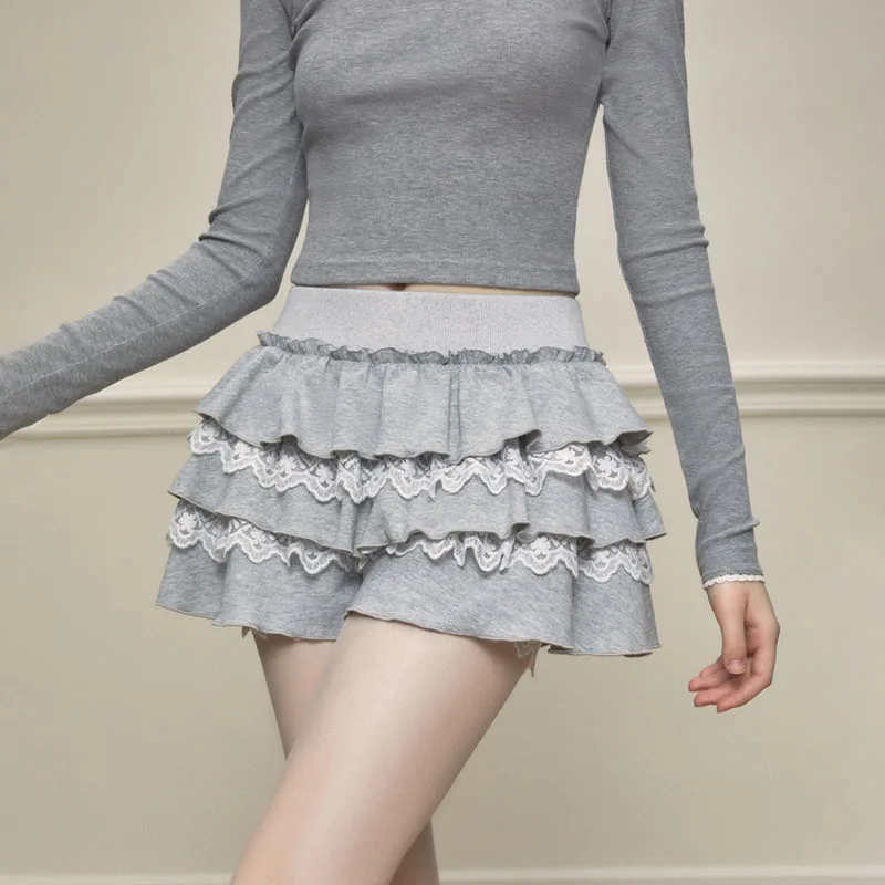 DEEPTOWN Y2k Mini Skirt Shorts Women Korean Fashion Elastic Waist A-line Lace Patchwork Kawaii Ruffles Skirt Summer Coquette