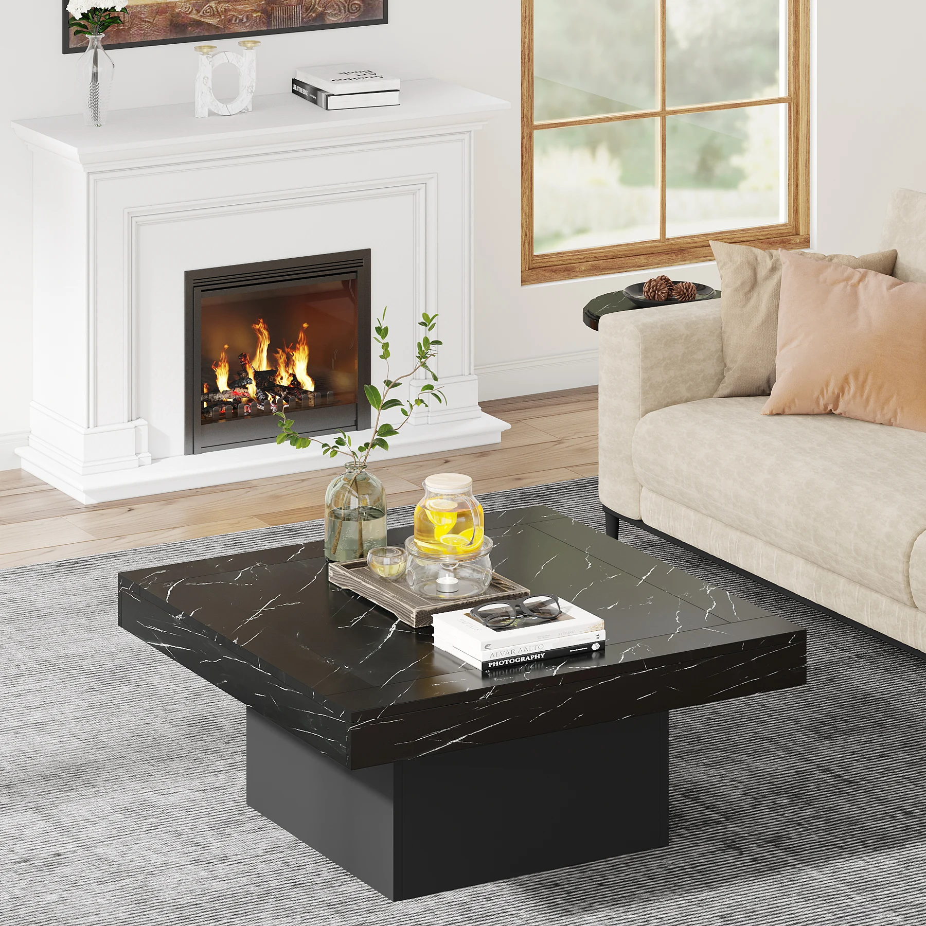 Tribesigns Square LED Coffee Table Grey and White Engineered Wood Coffee Table Low for Living Room