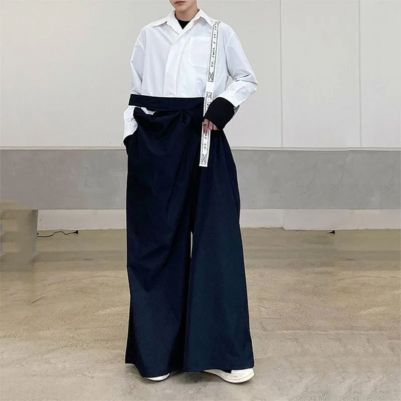 Men Casual Pants Suspender Retro High Waist Wide Leg Trousers Spring Summer