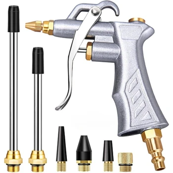 Pistola ad Aria Compressa Industriale con Ugello Regolabile in Ottone e 2 Prolunghe in Acciaio, Strumento Pneumatico per la Pulizia dalla Polvere