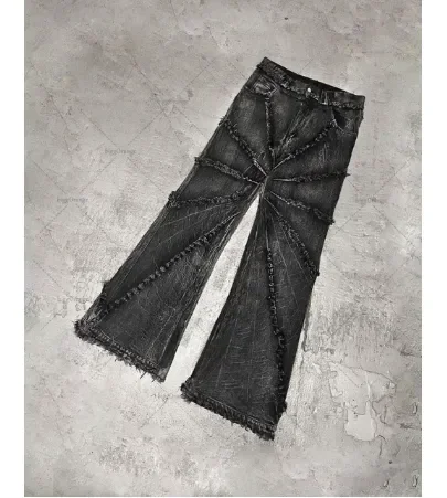 thumbnail image 1 of Pantalones vaqueros con costuras destrozadas Y2K para hombre, vaqueros negros lavados, estilo gótico, ropa de tendencia urbana, pantalones holgados retro de pierna ancha, Fall Guys, 1 of 5