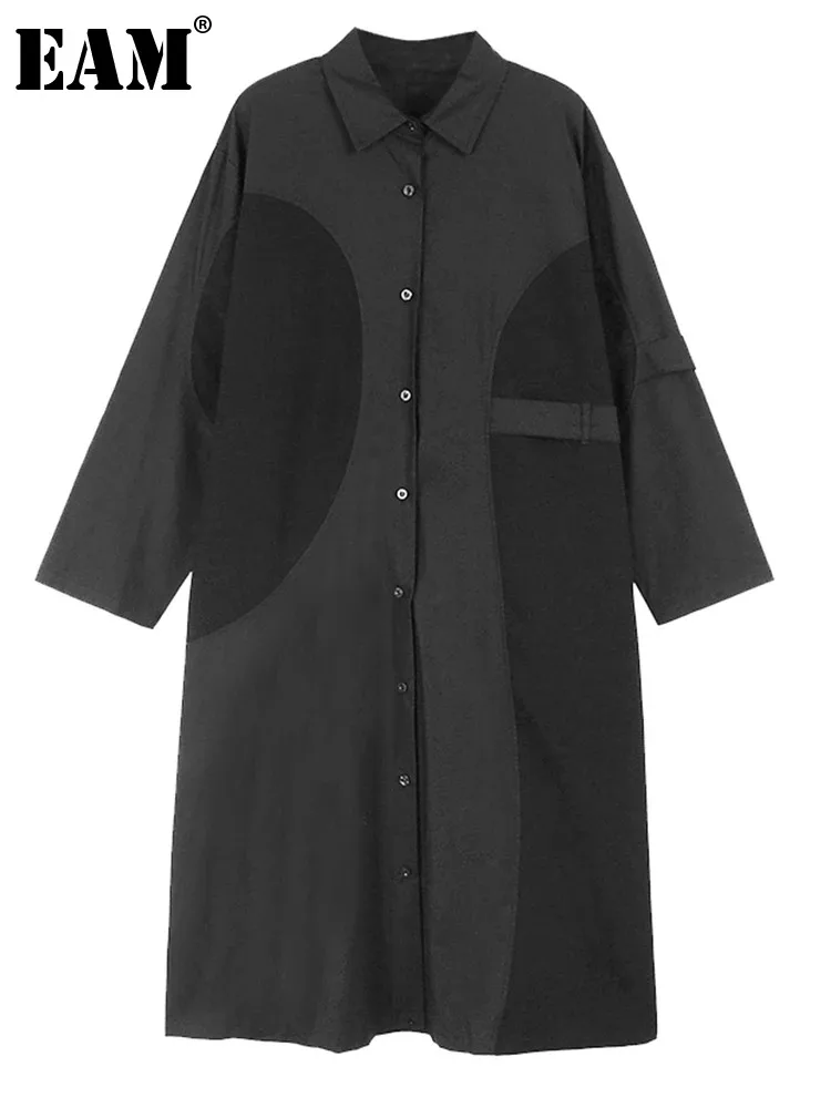 

Женское платье-рубашка с отложным воротником EAM, черное Повседневное платье большого размера с длинным рукавом, весна-осень 2024