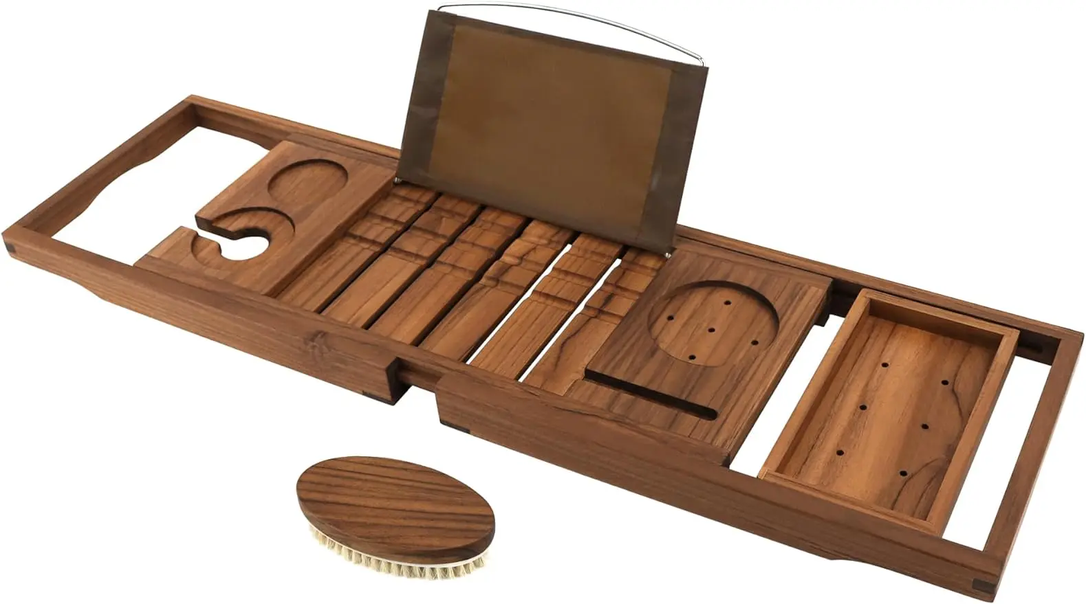 Teak Bathtub Tray, Expandable Wooden Bath Tray for Tub with Wine and Book Holder, Solid Bathroom Caddy with Free Teak